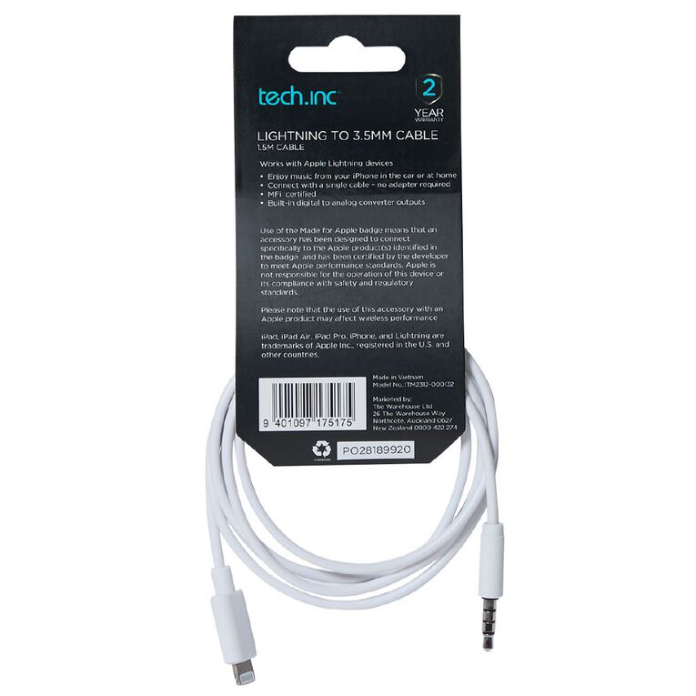 Tech.Inc Lightning to 3.5mm AUX Cable 1.5m White, , hi-res