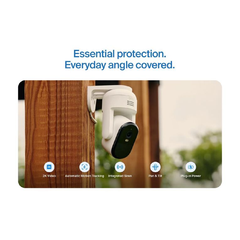 Arlo Essential Pan Tilt Outdoor Security Camera Plug-in 2K, , hi-res