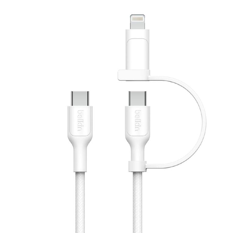 Belkin BoostCharge Pro 2-in-1 Braided USB-C and Lightning Cable 1.5m - White, , hi-res