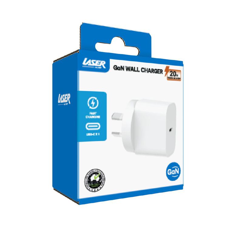 Laser USB-C 20W GaN Wall Charger -White, , hi-res