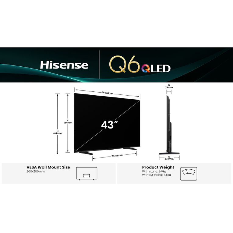Hisense 43 Inch Q6QNZ 4K QLED Smart TV, , hi-res