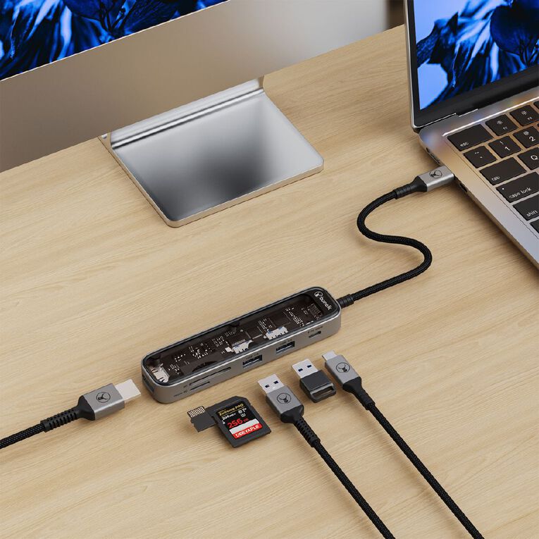 Bonelk Vision Long-Life USB-C to 6-in-1 with Card Reader Multiport Hub - Space Grey/Clear, , hi-res