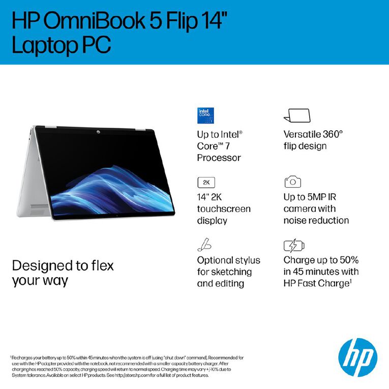 HP OmniBook 5 Flip 14 Inch Intel Core 7-150U 16GB RAM 512GB SSD Windows 11 Notebook, , hi-res
