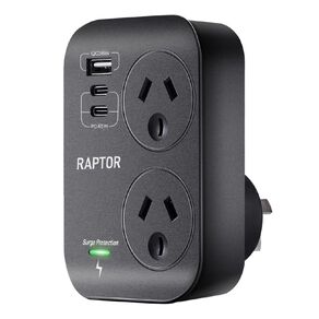 Jackson Raptor Surge Protected Double Adaptor with PD45W 1 x USB-A, 2 x USB-C