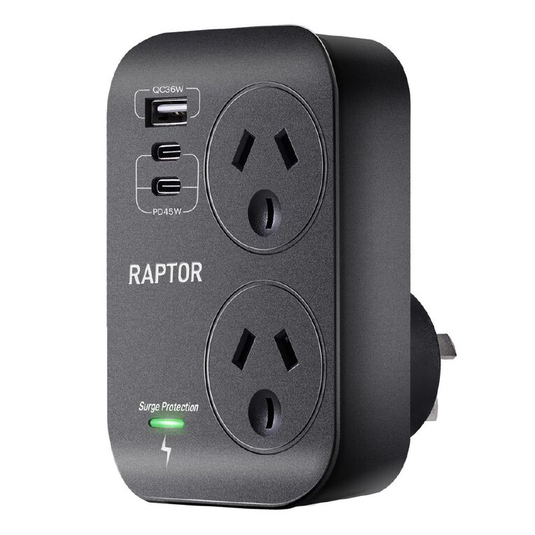 Jackson Raptor Surge Protected Double Adaptor with PD45W 1 x USB-A, 2 x USB-C, , hi-res