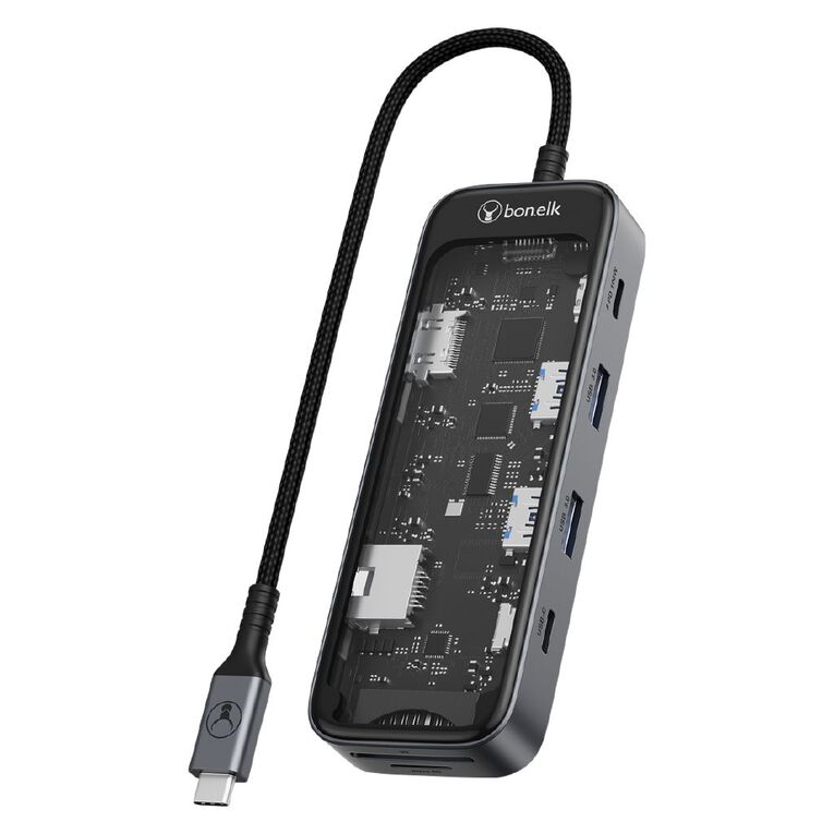 Bonelk Vision Long-Life USB-C to 8-in-1 Multiport Hub - Space Grey/Clear, , hi-res