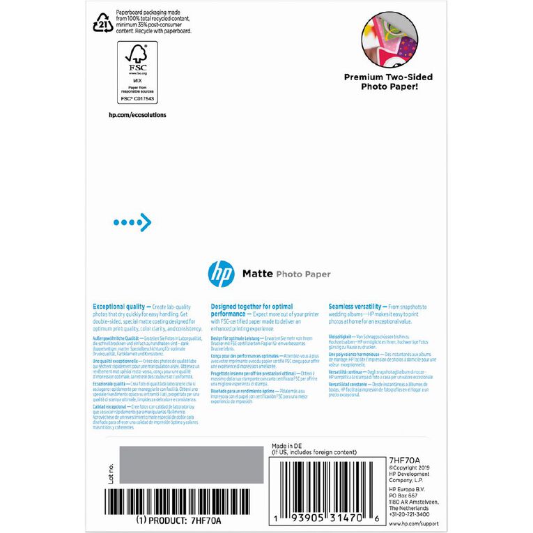 HP Matte FSC 180gsm  Photo Paper 25 pack (4x6in), , hi-res
