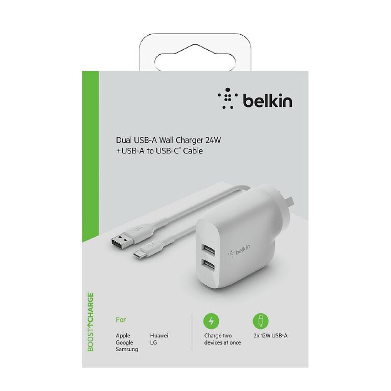Belkin BoostUp Charge Dual USB-A Wall Charger 24W+USB-A To USB-C Cable, , hi-res