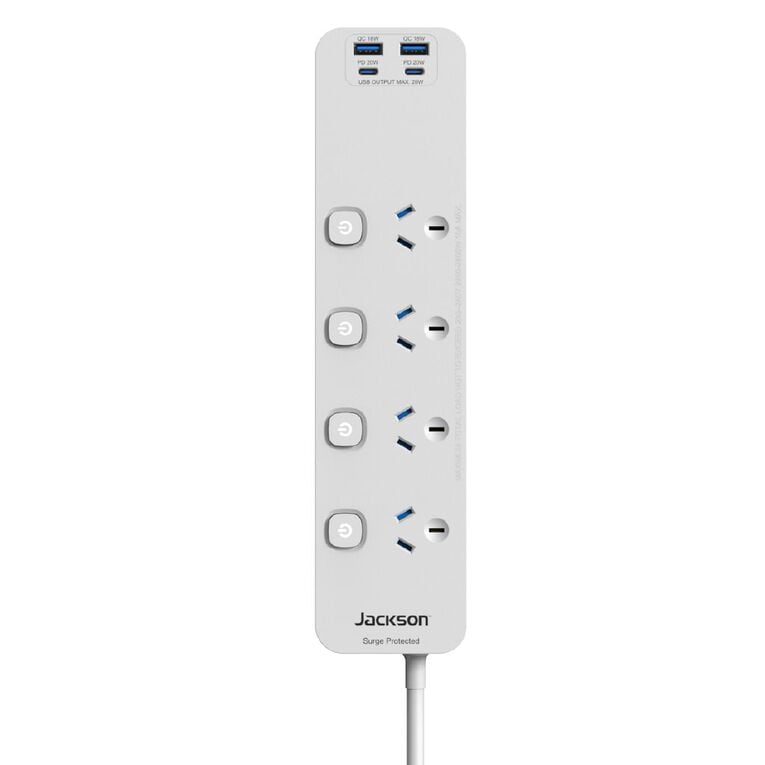 Jackson Rapid Charge 4 Outlet PD20W USB-C Powerboard with Individual Switches - White, , hi-res