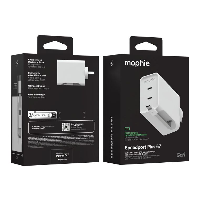Mophie Speedport 67W 3-Port USB-C GaN Wall Charger (Dual USB-C + 60W 70cm Retractable USB-C Cable) - White, , hi-res