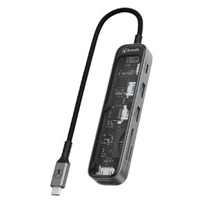 Bonelk Vision Long-Life USB-C to 6-in-1 with Card Reader Multiport Hub - Space Grey/Clear