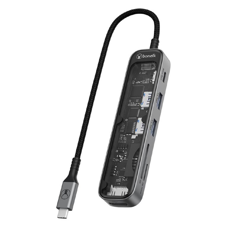 Bonelk Vision Long-Life USB-C to 6-in-1 with Card Reader Multiport Hub - Space Grey/Clear, , hi-res