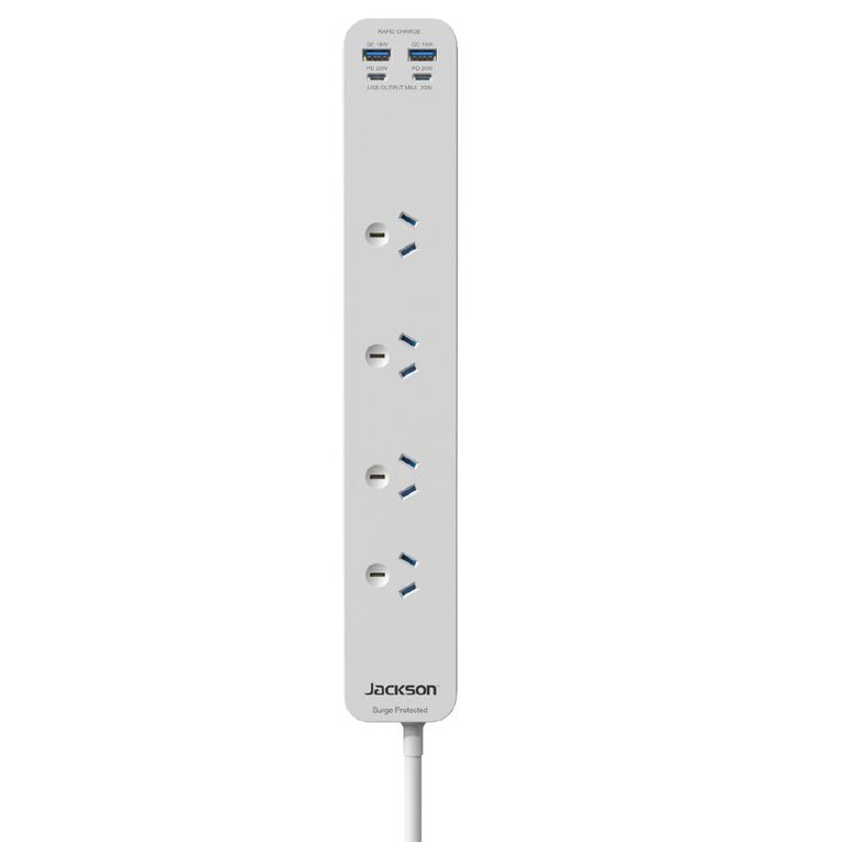 Jackson Rapid Charge 4 Outlet 20W USB-A & USB-C Powerboard - White, , hi-res