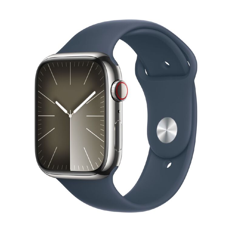 Apple Watch S9 GPS + Cellular 45mm Silver Stainless Steel Case with Storm Blue Sport Band - M/L, , hi-res