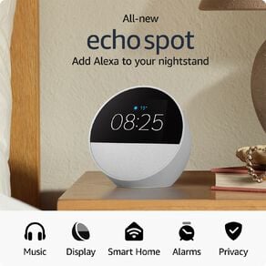 Amazon Echo Spot 2024 Smart Alarm Clock With Vibrant Sound plus Alexa - Glacier White