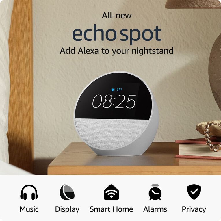 Amazon Echo Spot 2024 Smart Alarm Clock With Vibrant Sound plus Alexa - Glacier White, , hi-res