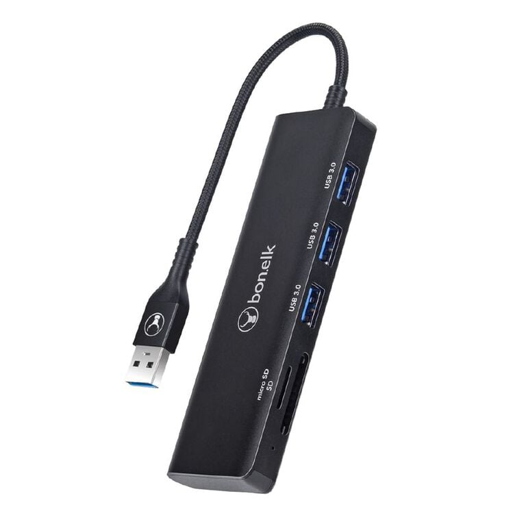 Bonelk Long-Life USB-A to 3 Port Hub + SD/TF Reader - Black, , hi-res