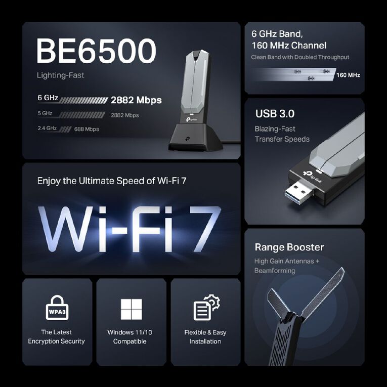 TP-Link Archer TBE400UH BE6500 Wi-Fi 7 High Gain Wireless USB Adapter, , hi-res