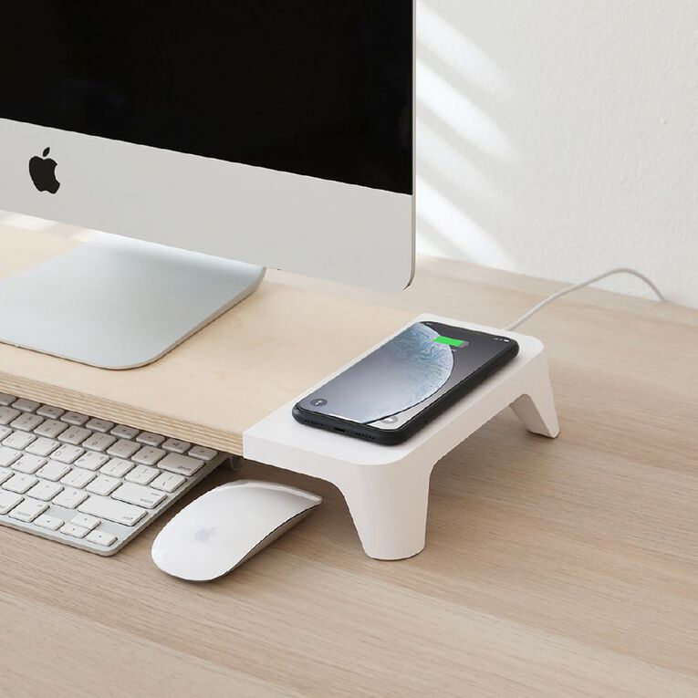 Pout Eyes6 Wooden Monitor Stand with Wireless Charger White Noel