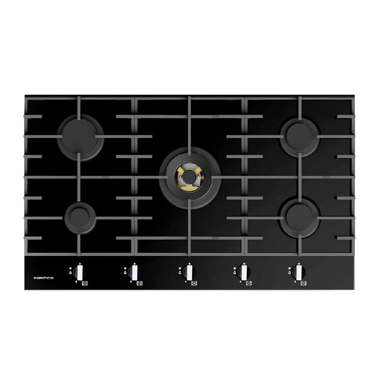 Parmco 90cm 4 Burner & Wok Gas Cooktop Black Glass Noel Leeming