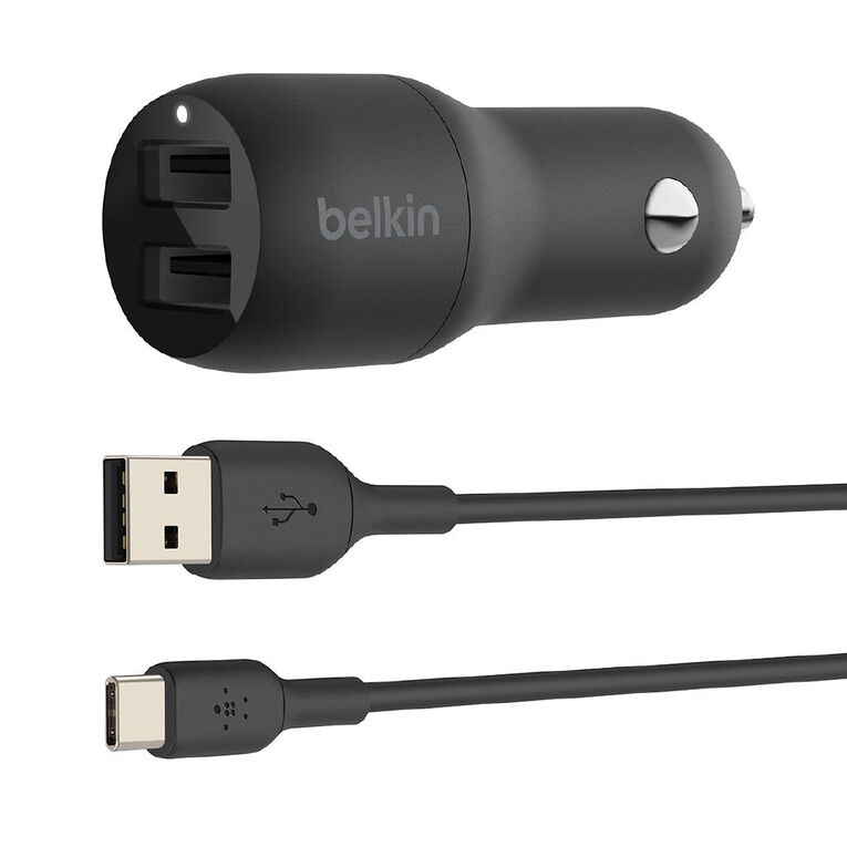 Belkin Dual USB-A Car Charger 24W Includes USB-C Cable, , hi-res