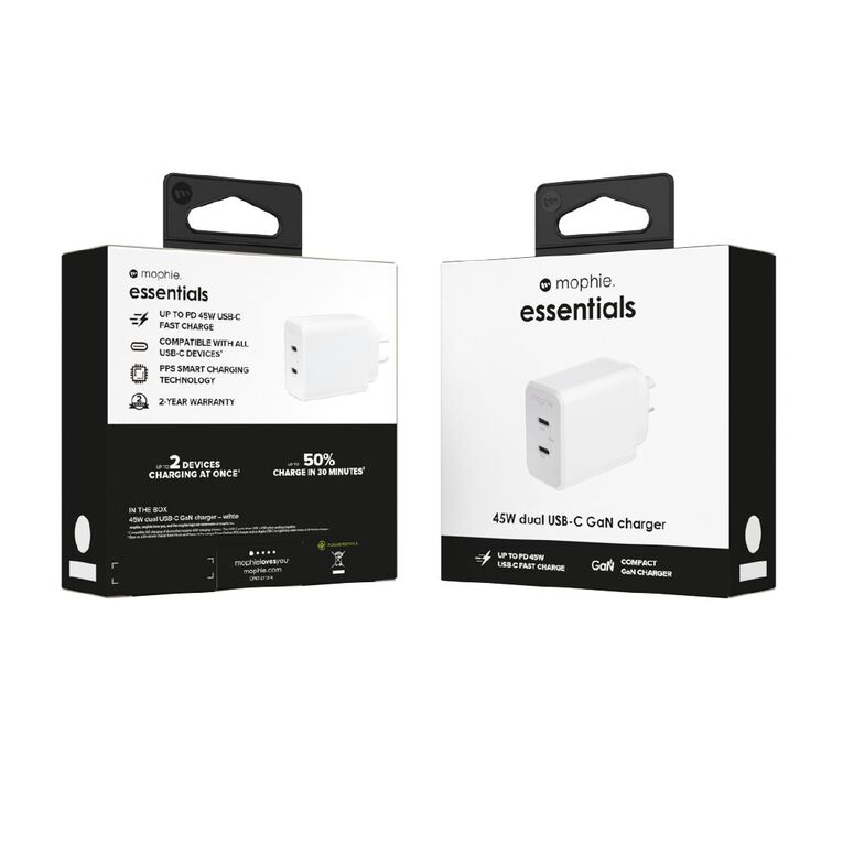 Mophie Essential 45W 2-Port Wall Adapter - White, , hi-res