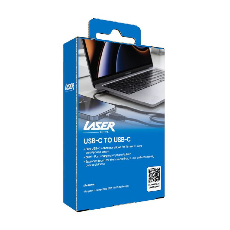 Laser USB-C to USB-C Charging Cable 60W, 2m - Black, , hi-res
