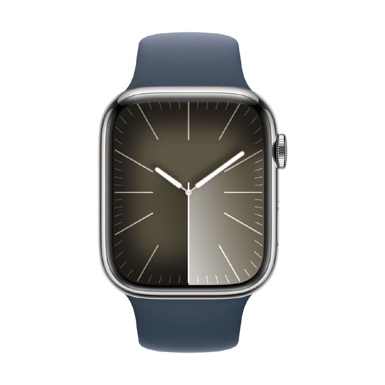 Apple Watch S9 GPS + Cellular 45mm Silver Stainless Steel Case with Storm Blue Sport Band - M/L, , hi-res
