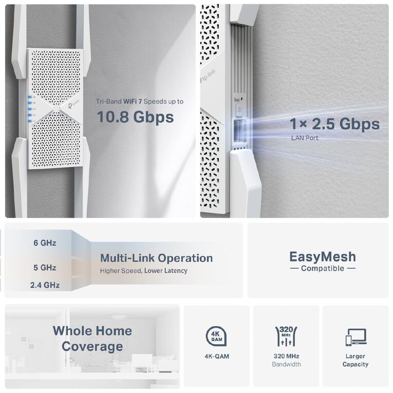 TP-Link RE655BE BE9300 Tri Band Wi-Fi 7 Range Extender, , hi-res