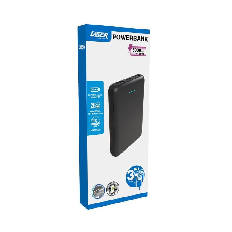 Laser 5000mAh Power Bank with Battery Indicator - Charcoal, , hi-res