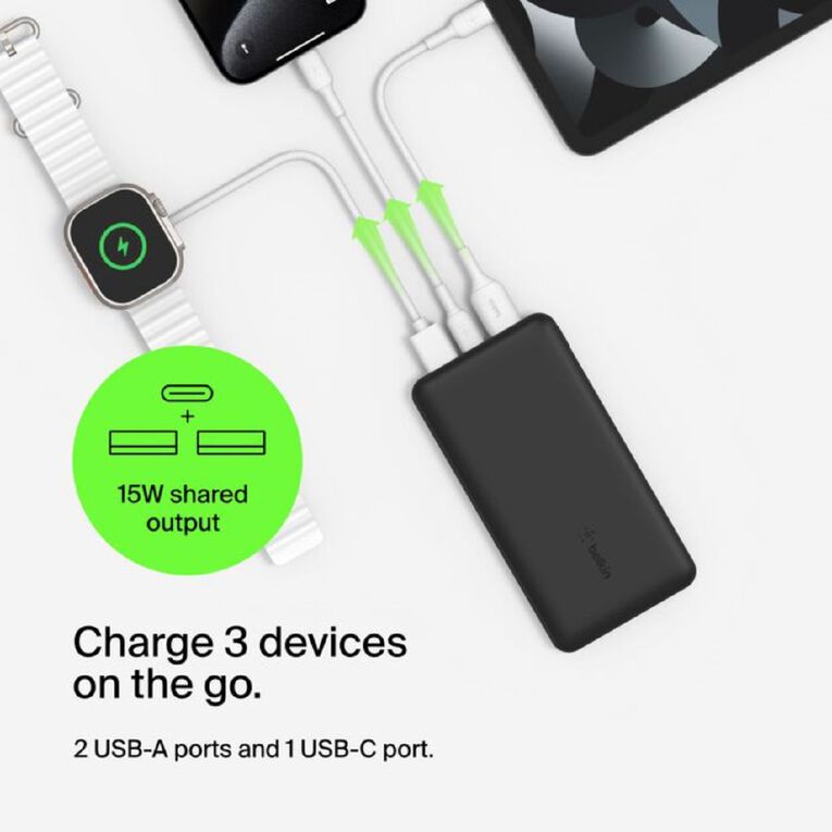 Belkin BoostCharge 3-Port Power Bank 10K USB-A to USB-C Cable