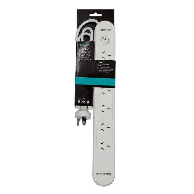 Tech.Inc 6 Way Powerboard with Surge Protection & USB, , hi-res