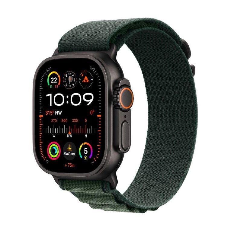 Apple Watch Ultra 2 GPS + Cellular 49mm Black Titanium Case with Dark Green Alpine Loop Small, , hi-res