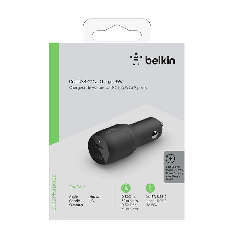 Belkin Dual USB-C Car Charger 36W, , hi-res