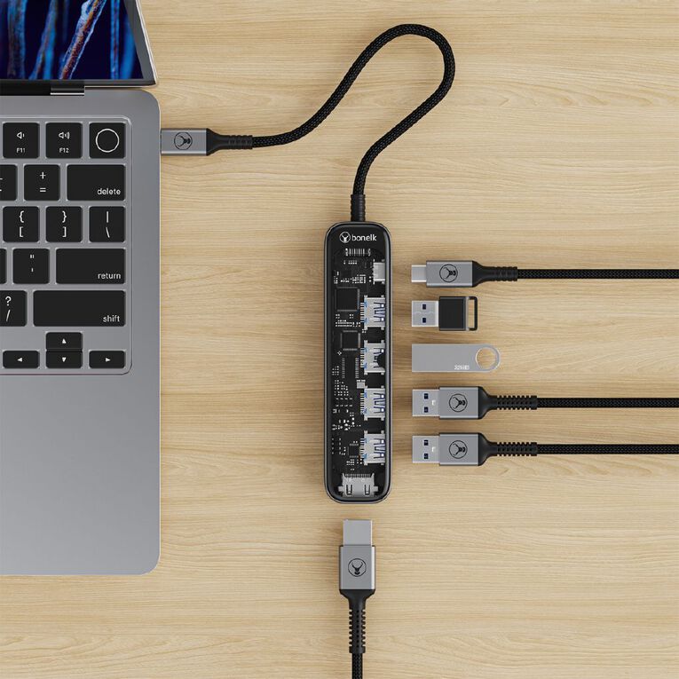 Bonelk Vision Long-Life USB-C to 6-in-1 Multiport Hub - Space Grey/Clear, , hi-res