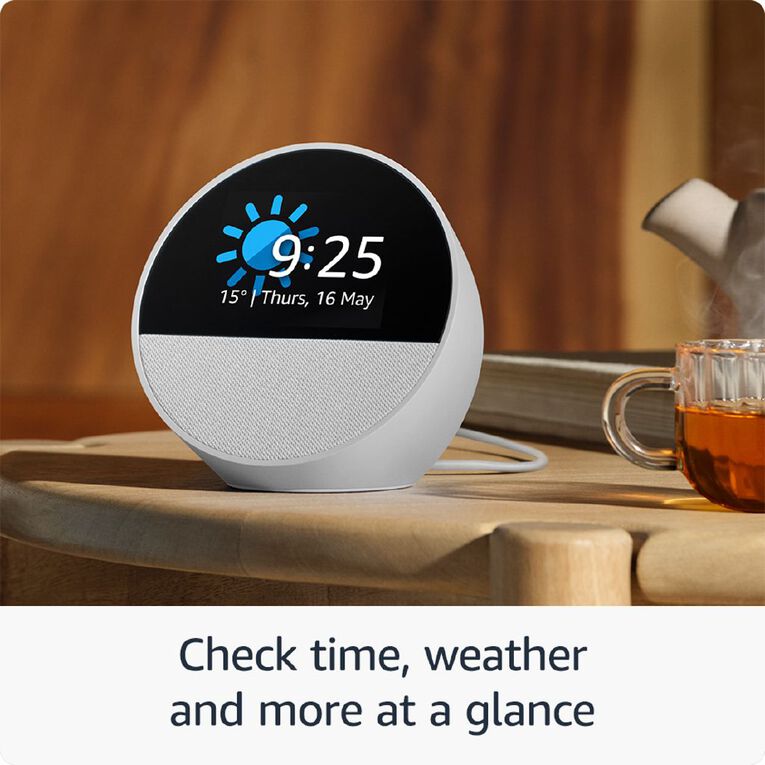 Amazon Echo Spot 2024 Smart Alarm Clock With Vibrant Sound plus Alexa - Glacier White, , hi-res