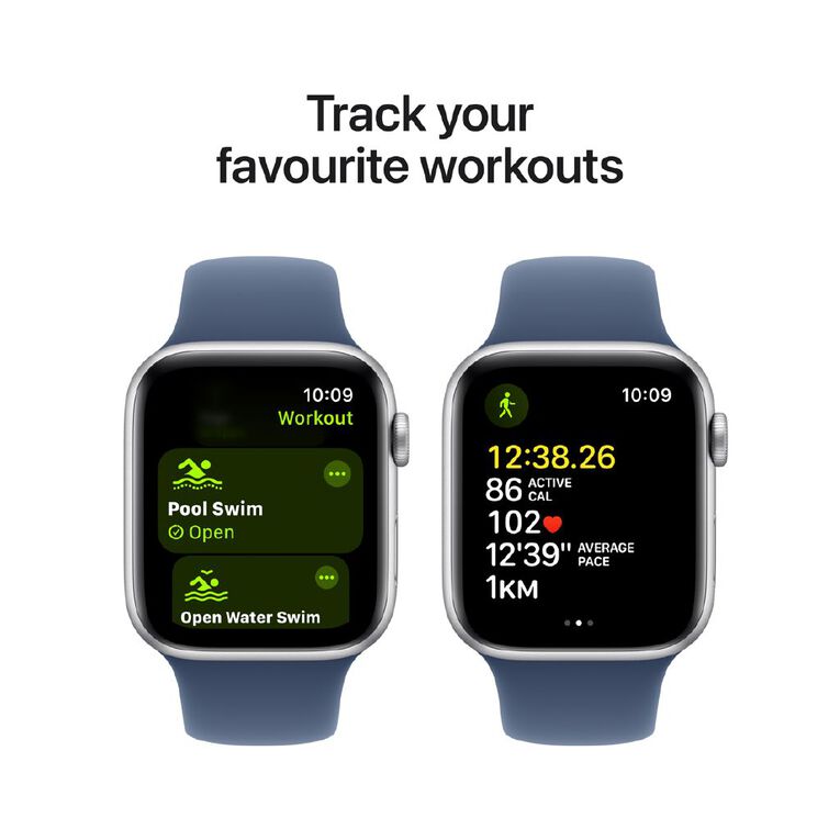 Apple Watch SE GPS 44mm Silver Aluminium Case with Denim Sport Band S/M, , hi-res