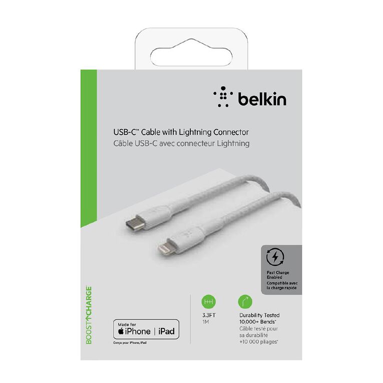 Belkin BoostUp Charge USB-C To Lightning Braided Cable 1m - White, , hi-res