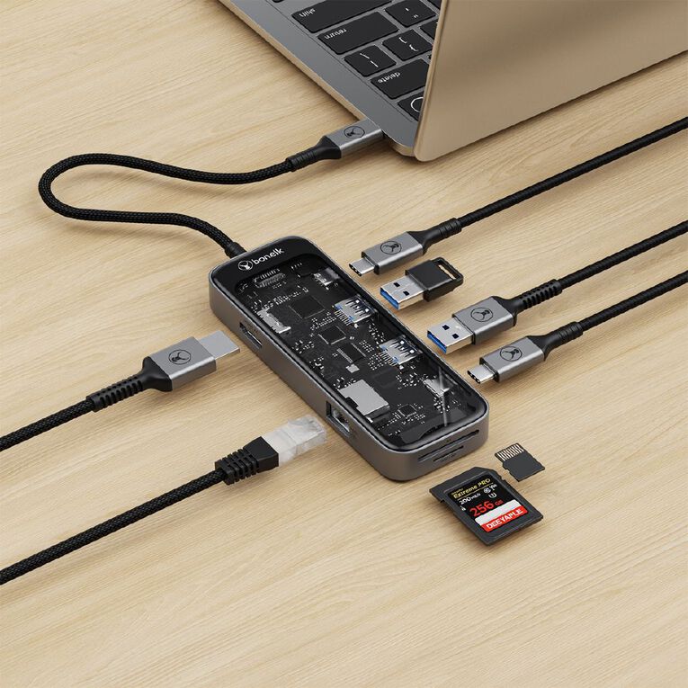 Bonelk Vision Long-Life USB-C to 8-in-1 Multiport Hub - Space Grey/Clear, , hi-res