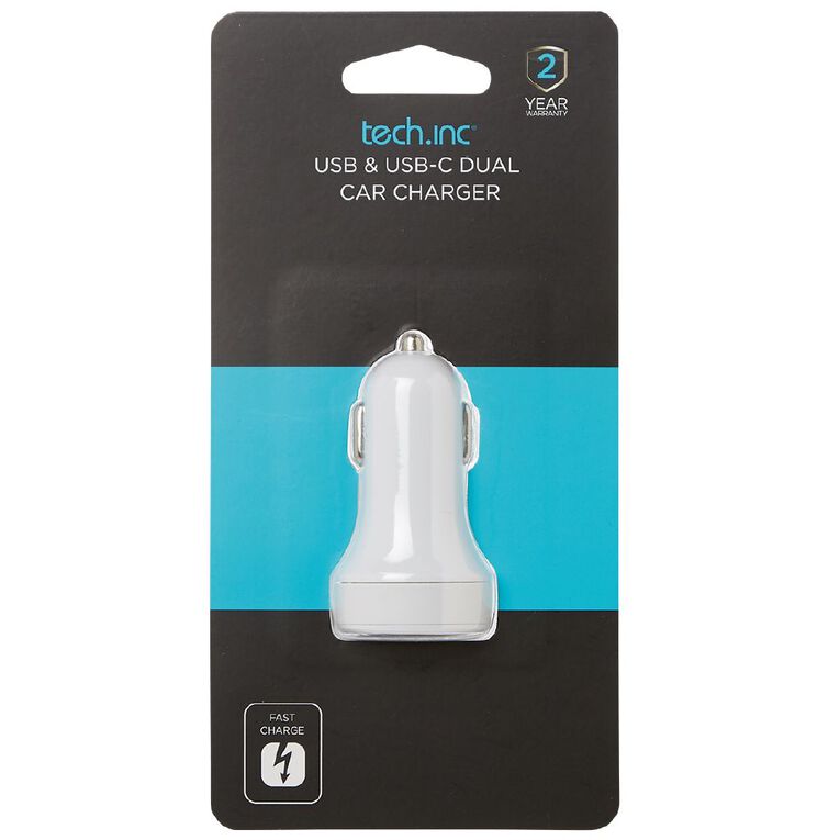Tech.Inc USB-C + A 27W PD Dual Car Charger White, , hi-res