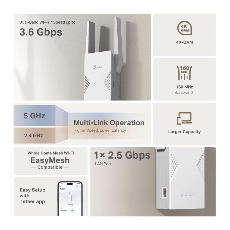 TP-Link RE235BE | BE3600 Dual Band Wi-Fi 7 Range Extender, , hi-res