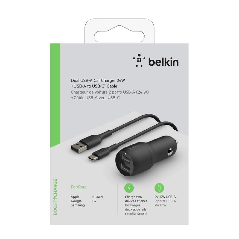 Belkin Dual USB-A Car Charger 24W Includes USB-C Cable, , hi-res
