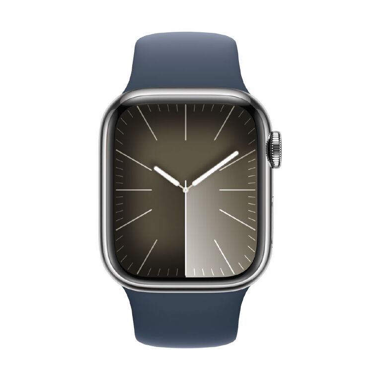 Apple Watch S9 GPS + Cellular 41mm Silver Stainless Steel Case with Storm Blue Sport Band - M/L, , hi-res