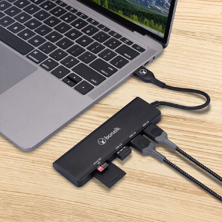 Bonelk Long-Life USB-A to 3 Port Hub + SD/TF Reader - Black, , hi-res