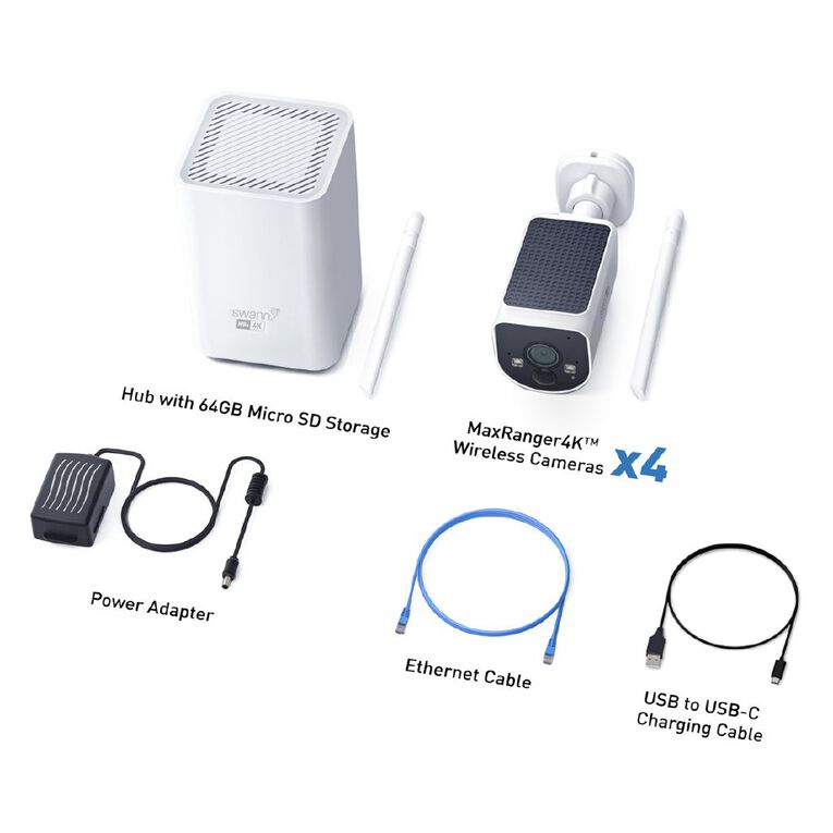 Swann MaxRanger4K Solar Wireless Security System (Base Station / 64GB / 4x MaxRanger4K v2 IP Cameras), , hi-res