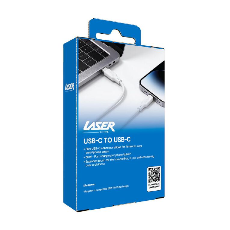 Laser USB-C to USB-C Charging Cable 60W, 1m - White, , hi-res
