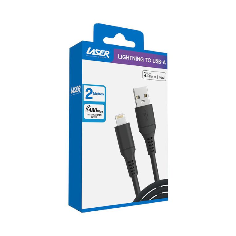 Laser USB-A to Lightning Cable 2m - Black, , hi-res