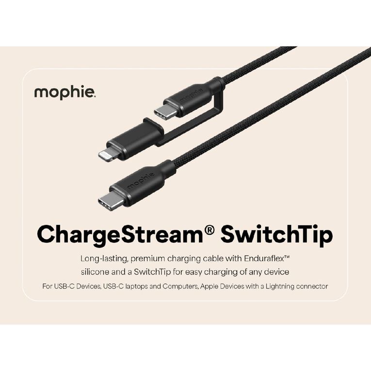 Mophie Chargestream USB-C to USB-C Cable with Lightning SwitchTip 1m - Black, , hi-res