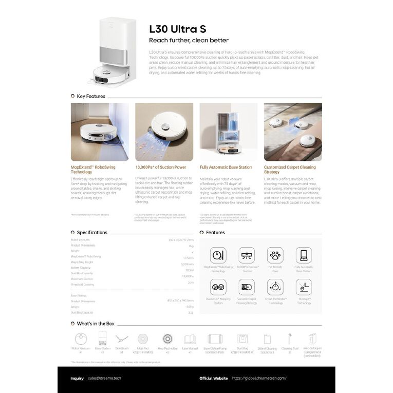 Dreame L30 Ultra S Robot Vacuum with Auto Mop Cleaning and Self-Emptying Base Station, , hi-res
