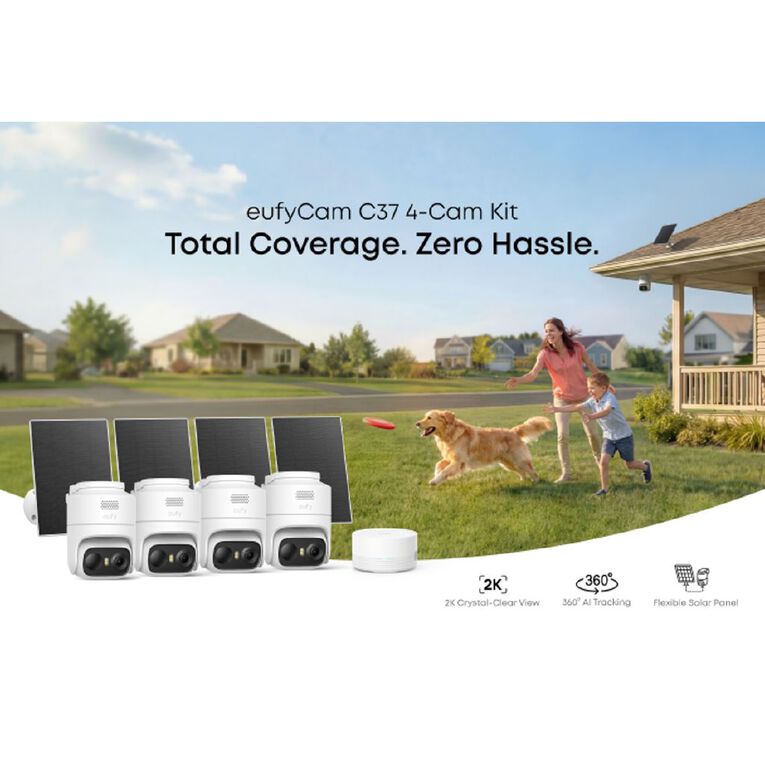 Eufy EufyCam C37 4 Pack 2K Pan & Tilt Security Camera With Solar Panel, , hi-res